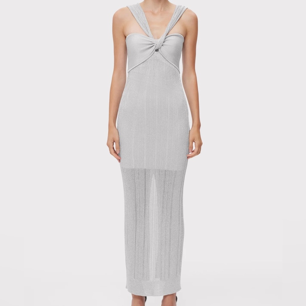 NWT Herve Leger Metallic Silver Ribbed Gown M